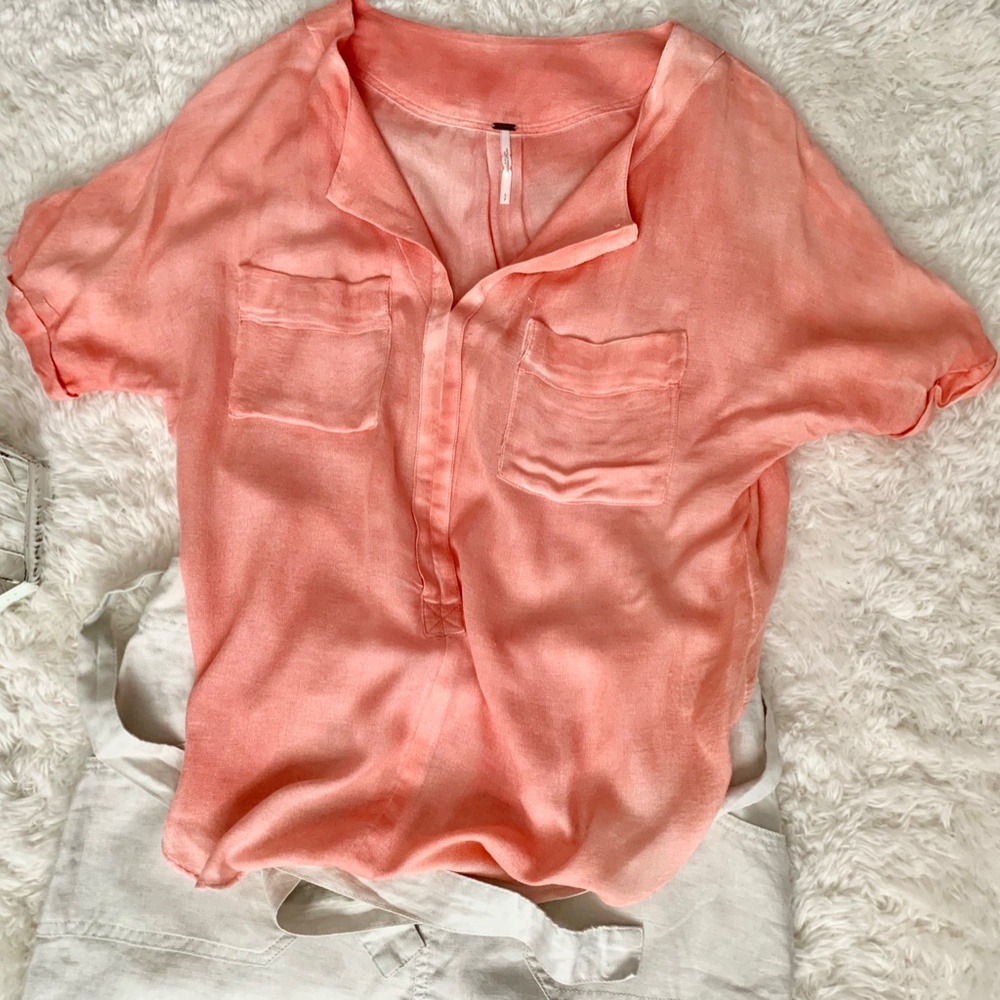 Free People Salmon Short Sleeve Blouse